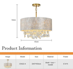 Chandelier with dimensions and product information on a white background