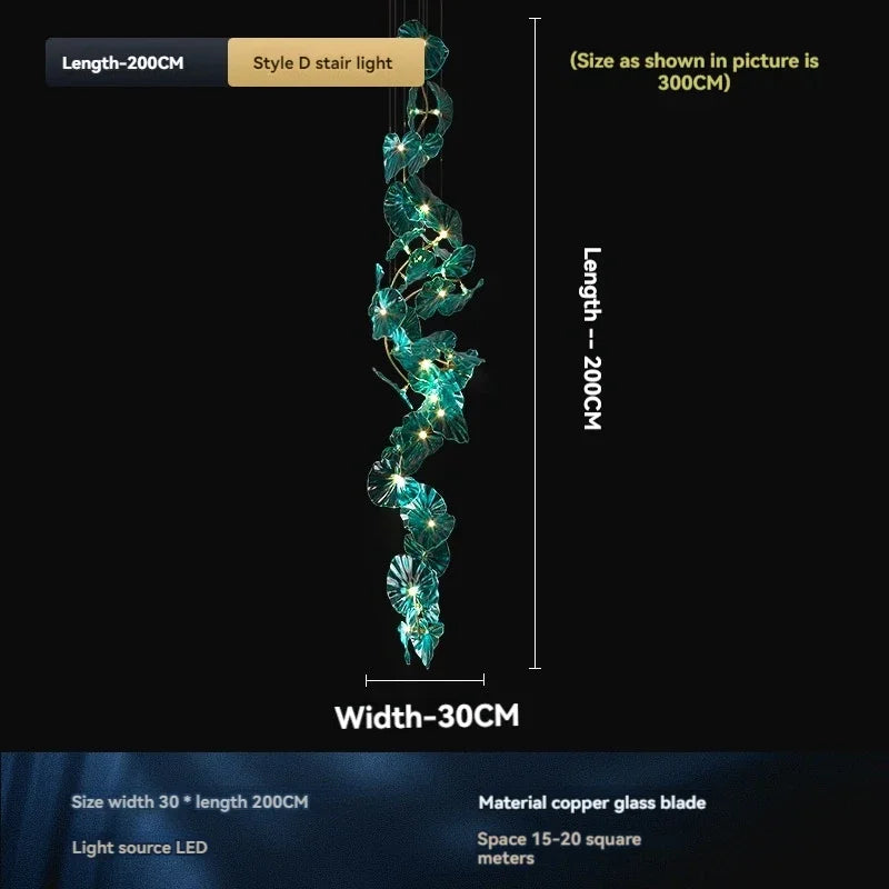 Decorative stair light with dimensions and material details on a black background