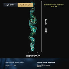 Decorative stair light with dimensions and material details on a black background