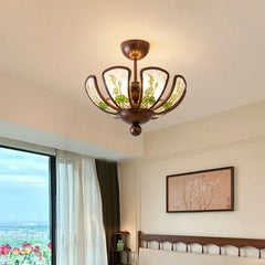 Bronze Chandelier with Frosted Glass and Green Leaf Floral Accents