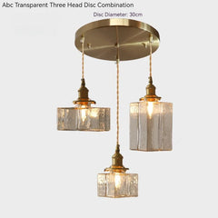Brass Square Pendant Light with Textured Amber Glass Shade