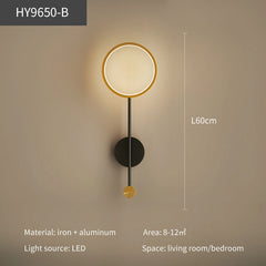 Wall-mounted light fixture with dimensions and material details on a beige background
