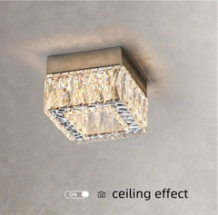 Square ceiling light fixture with crystal details on a gray ceiling