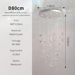 Chandelier with dimensions and specifications on a gray background