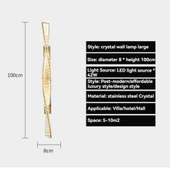 Crystal wall lamp with dimensions and specifications on a white background