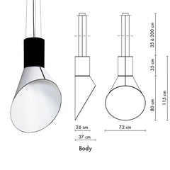 Diagram of a pendant light with dimensions on a white background