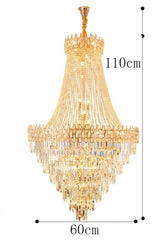 Gold chandelier with measurements on a white background