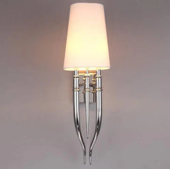 Wall-mounted lamp with a white shade and chrome base on a gray background