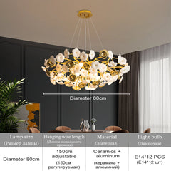Chandelier with floral design in a room setting, showing dimensions and material details.