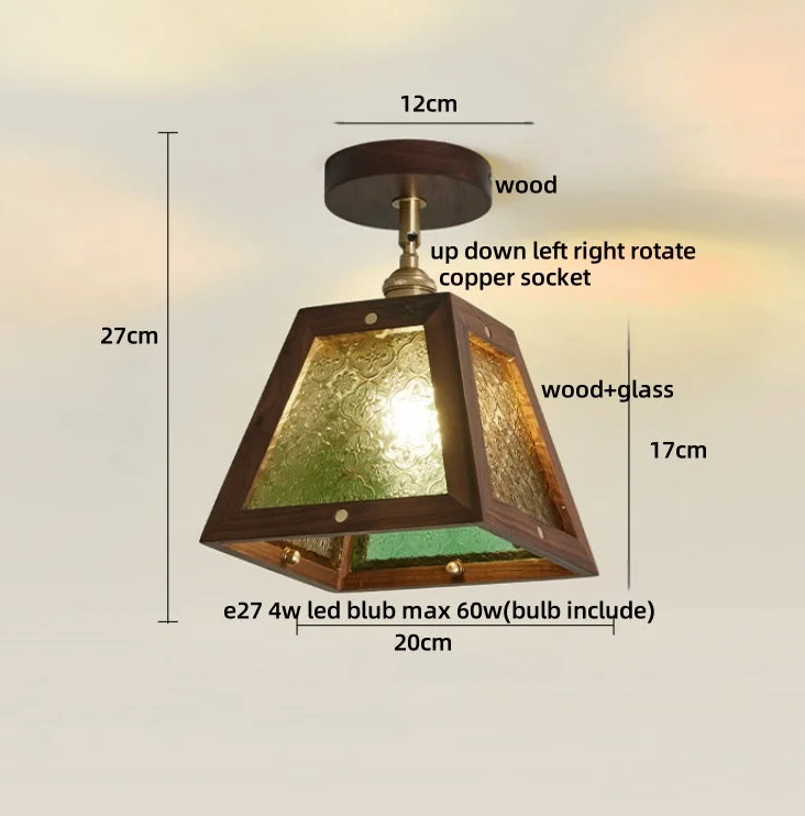 Wooden pendant light with dimensions and features on a neutral background