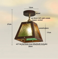 Wooden pendant light with dimensions and features on a neutral background