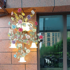 Gold Metal Sconce with Ceramic Rose Buds & Frosted Bell Shades