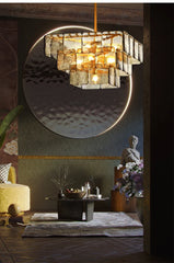 Tiered Amber Glass Chandelier with Brushed Gold Finish Metal Frame