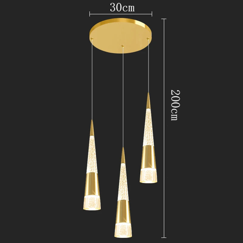 Gold pendant light fixture with measurements on a black background