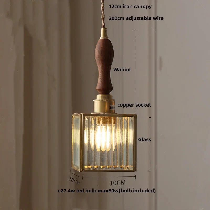 Pendant light with wooden canopy and glass shade, featuring measurements and material details.