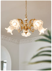 Gold Floral Chandelier With Frosted Glass Shades