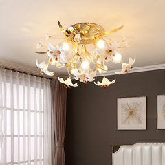 Gold Floral Ceramic Lily Chandelier with Crystal Accents