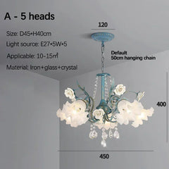 Blue Floral Ceramic Chandelier with Crystal Accents
