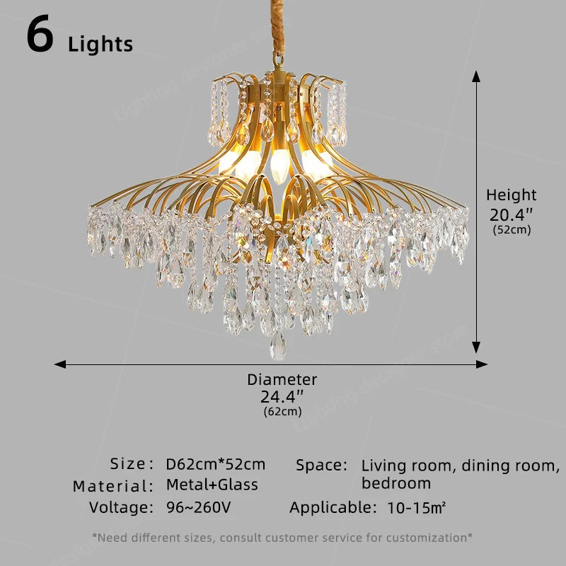 Gold chandelier with crystal accents and dimensions on a gray background