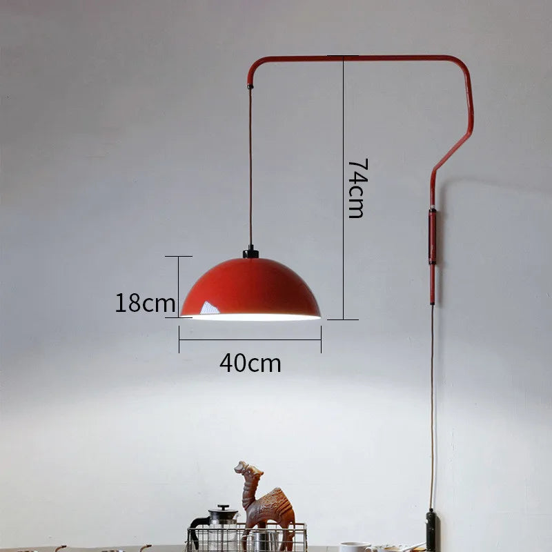 Red pendant lamp with dimensions on a plain background