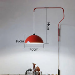 Red pendant lamp with dimensions on a plain background