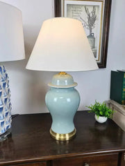 Light Blue Ginger Jar Ceramic Table Lamp with Gold Accents