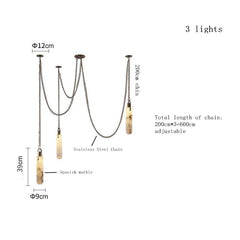 Measurement chart of a pendant light fixture with chain and marble elements.