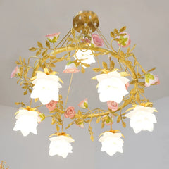 Gold Metal Chandelier With Pink Rose Ceramic Flowers & Frosted Glass Shades