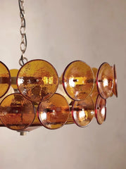 Mid-Century Amber Glass Disc Chandelier with Gold Metal Frame