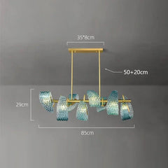 Chandelier with gold frame and blue glass shades on a gray background, showing measurements.