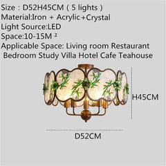 Bronze Chandelier with Frosted Glass and Green Leaf Floral Accents