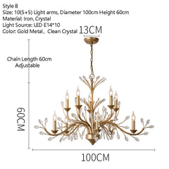 Brushed Gold Crystal Floral Chandelier Light Fixture
