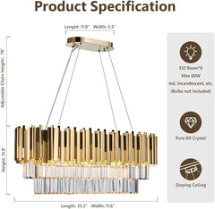 Gold Rectangular Tiered K9 Crystal Chandelier Pendant Light Fixture