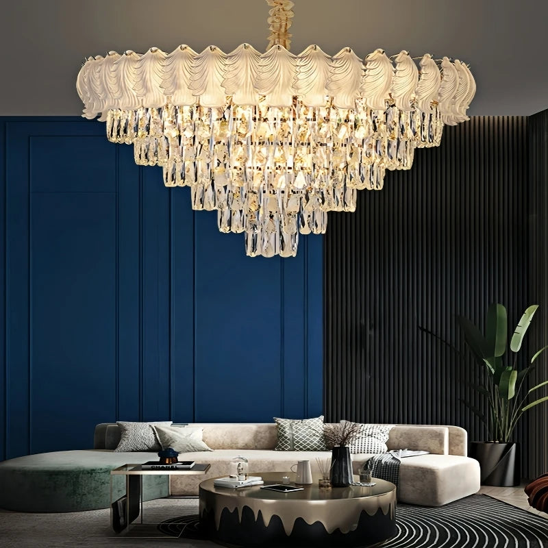 The opulent design of a tiered crystal chandelier with a polished chrome finish displayed in a luxurious interior setting.