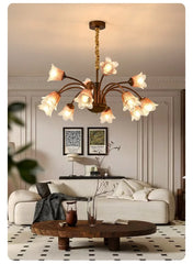 Bronze Floral Chandelier Pendant Light with Frosted Glass Bell Shades