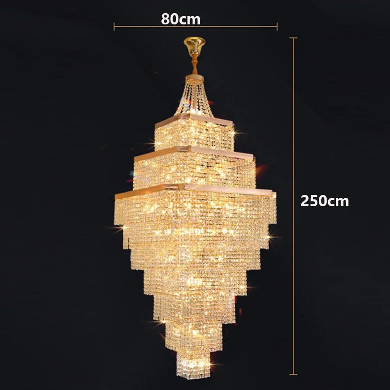 Gold chandelier with dimensions indicated on a black background