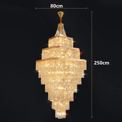 Gold chandelier with dimensions indicated on a black background