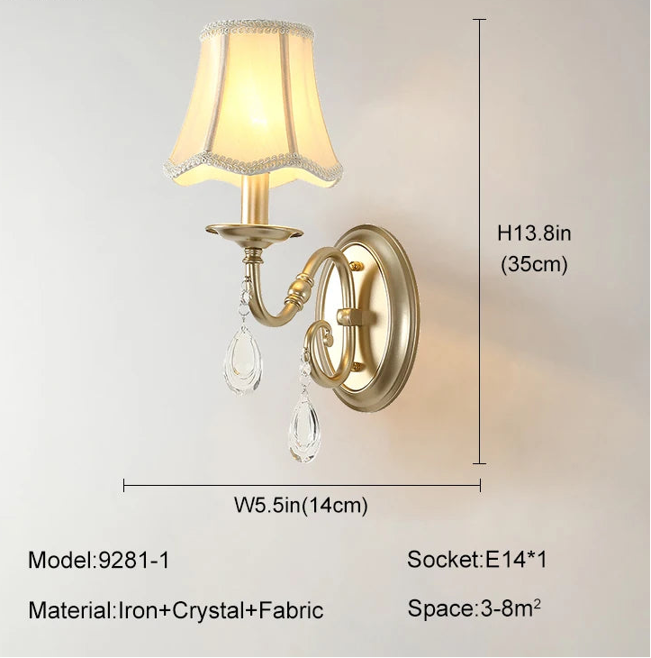 Wall lamp with dimensions and specifications on a light gray background