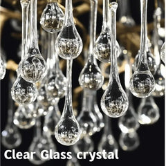 Close-up of clear, teardrop-shaped glass crystals hanging from a branched frame, with the text 'Clear Glass crystal'.
