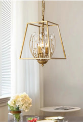 Gold Metal Geometric Frame Pendant Light with Crystal Accents