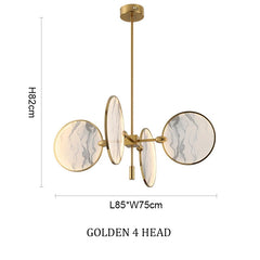 Gold pendant light fixture with circular design on a white background, including dimensions.