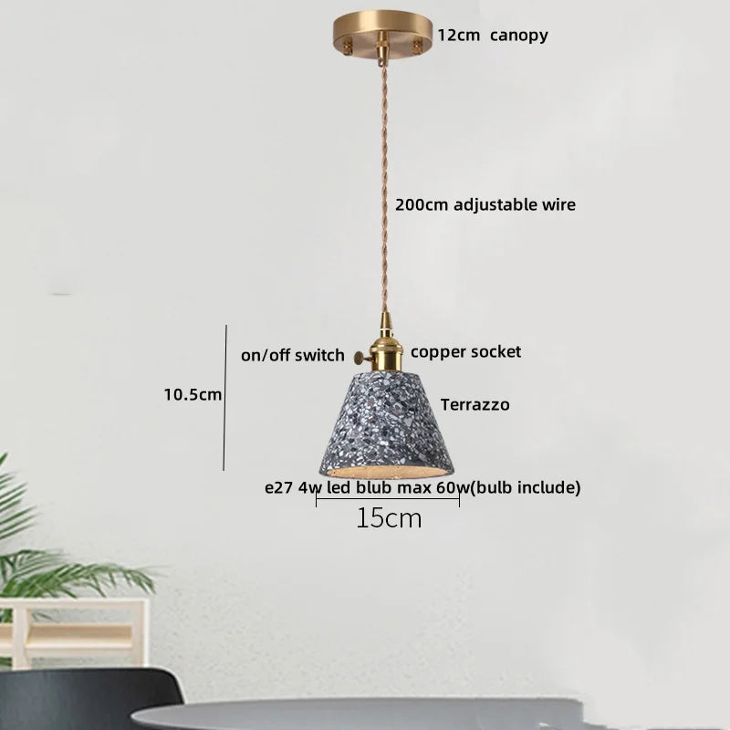 Pendant light with labeled parts on a white background