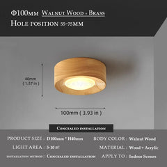 Walnut Wood Brass Flush Mount Ceiling Light Fixture