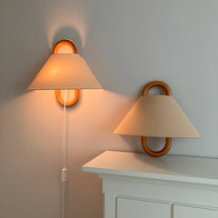 Pleated Fabric Cone Wall Sconce with Natural Wood Hoop Accents