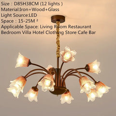 Bronze Floral Chandelier Pendant Light with Frosted Glass Bell Shades