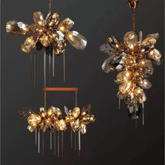 Gold Faceted Crystal Waterfall Chandelier Pendant Light