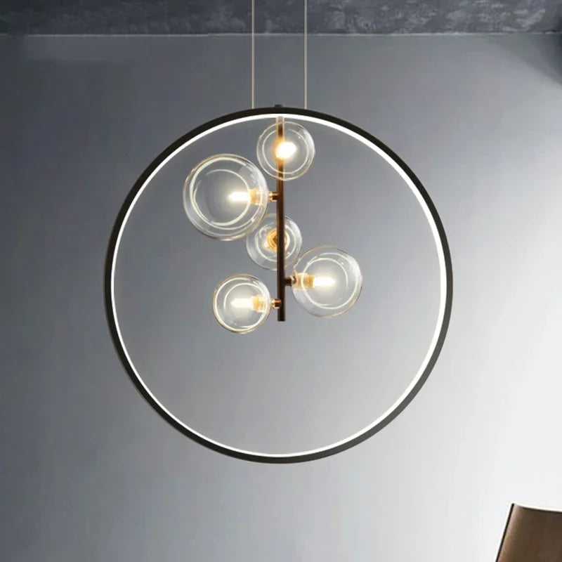 Modern chandelier with circular design on a gray background