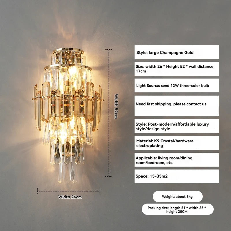 Champagne gold wall light fixture with dimensions and specifications on a gray background