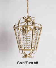 Decorative gold pendant light with clear glass on a gray background