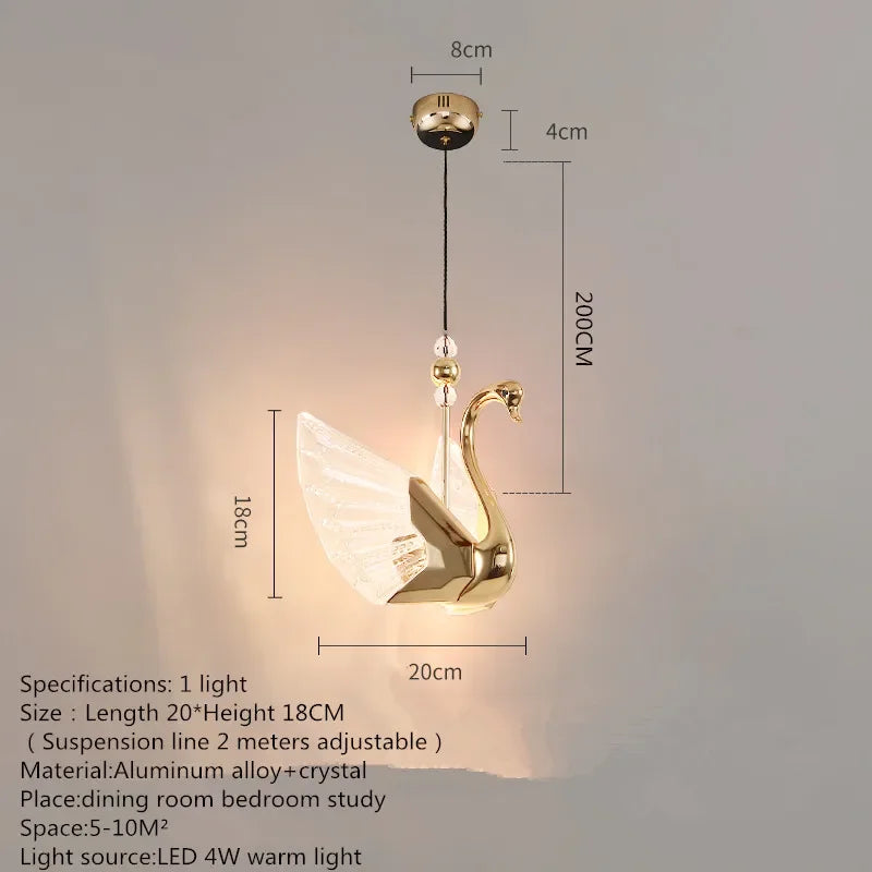 Gold swan-shaped pendant light with dimensions and specifications on a gray background
